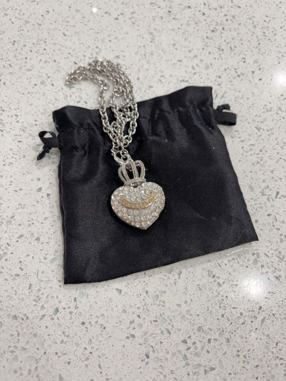 Vintage Juicy Couture Silver Tone Rhinestone Crown Heart Pendant Necklace